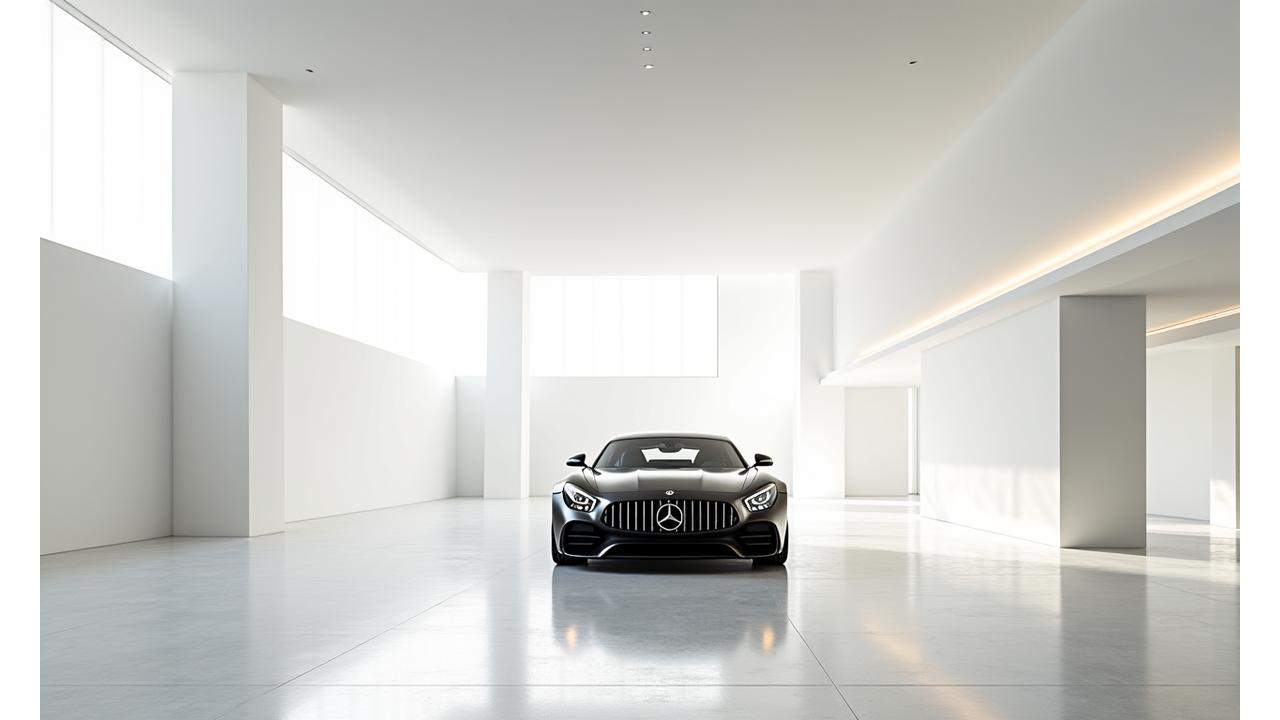 Interior of a minimalist, modern luxury car showroom with high ceilings and pristine white walls