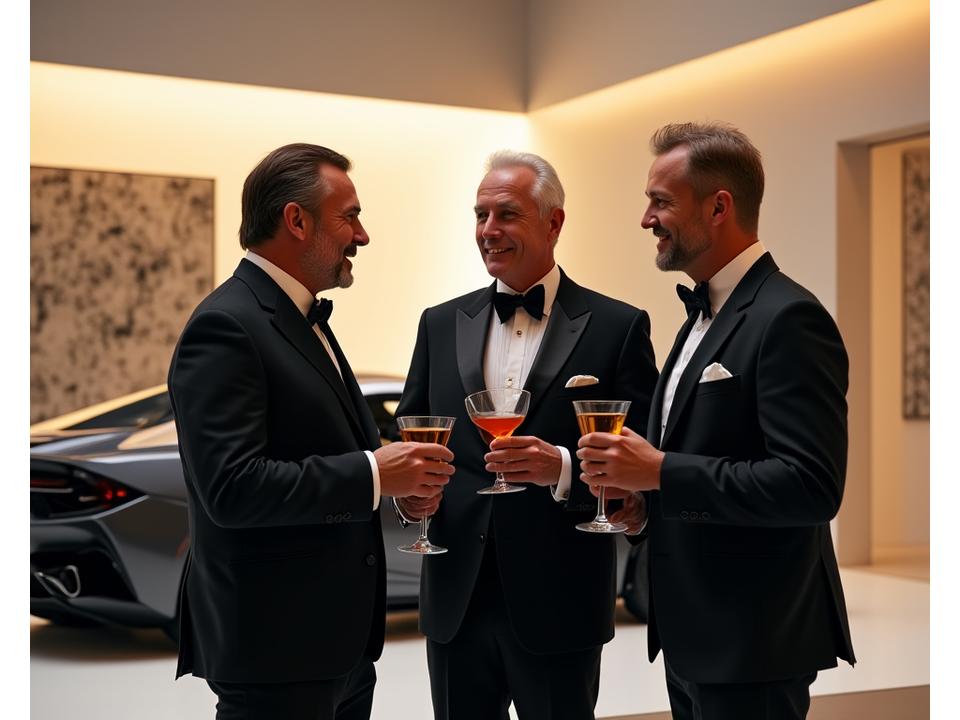 Wealthy men in suits networking and conversing next to luxury cars in a modern, art-filled gallery space