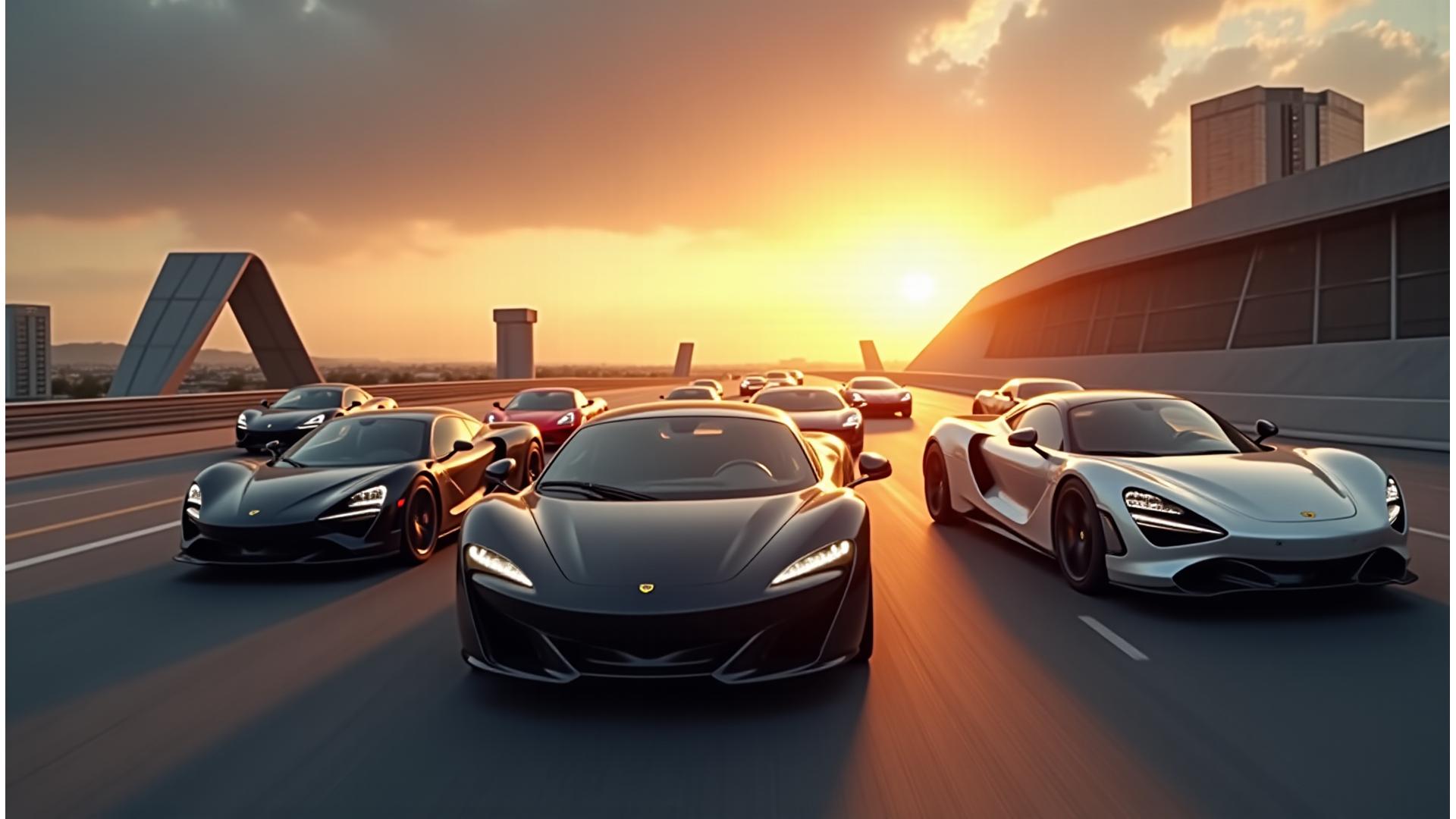 Stunning convoy of luxury cars against a modern architectural backdrop at sunset