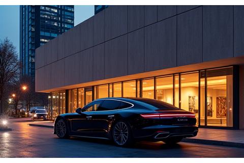 Luxury car parked in front of a contemporary art museum with geometric architecture during an evening event