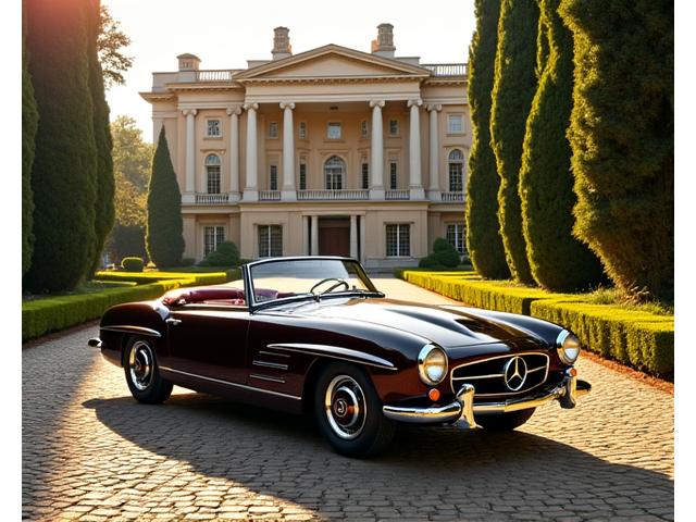 Classic, meticulously restored luxury convertible parked elegantly in front of a historic European villa, exuding timeless sophistication.