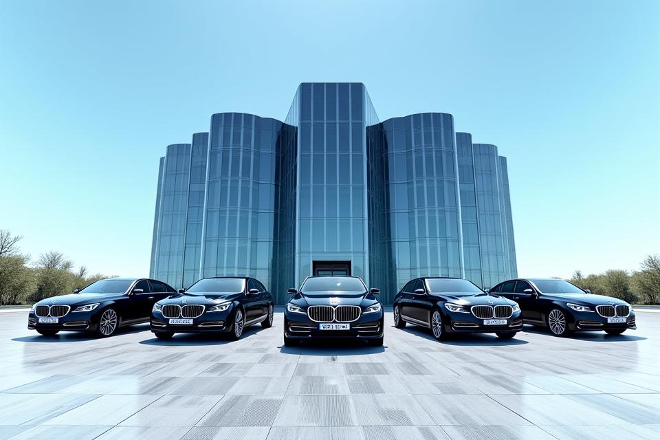 A fleet of various luxury sedans and SUVs parked precisely in front of a modern corporate headquarters building, conveying professionalism and scale.