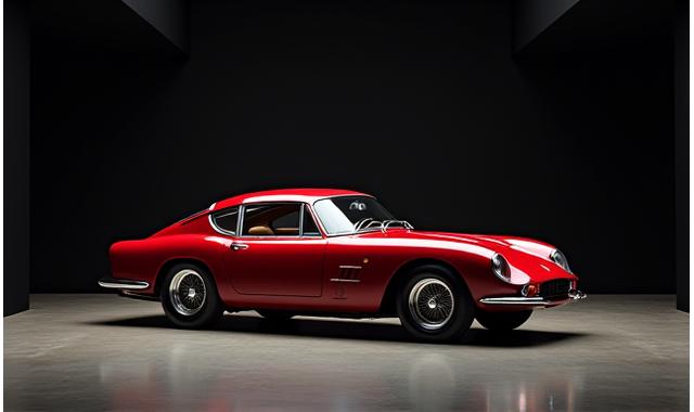 Vintage classic car, immaculately preserved, under spotlight in a private collection garage