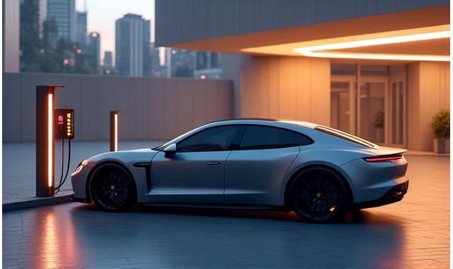 Sleek electric luxury sedan charging at a modern station at dusk
