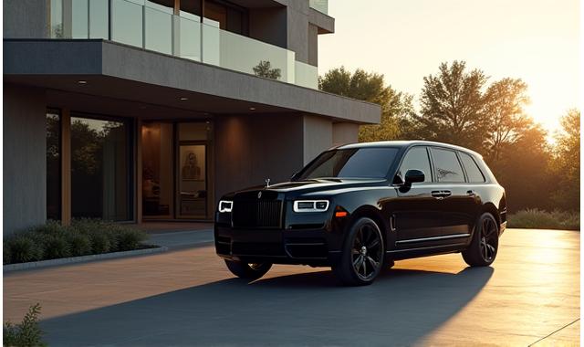Ultra-luxury SUV parked exquisitely in front of a grand modern estate