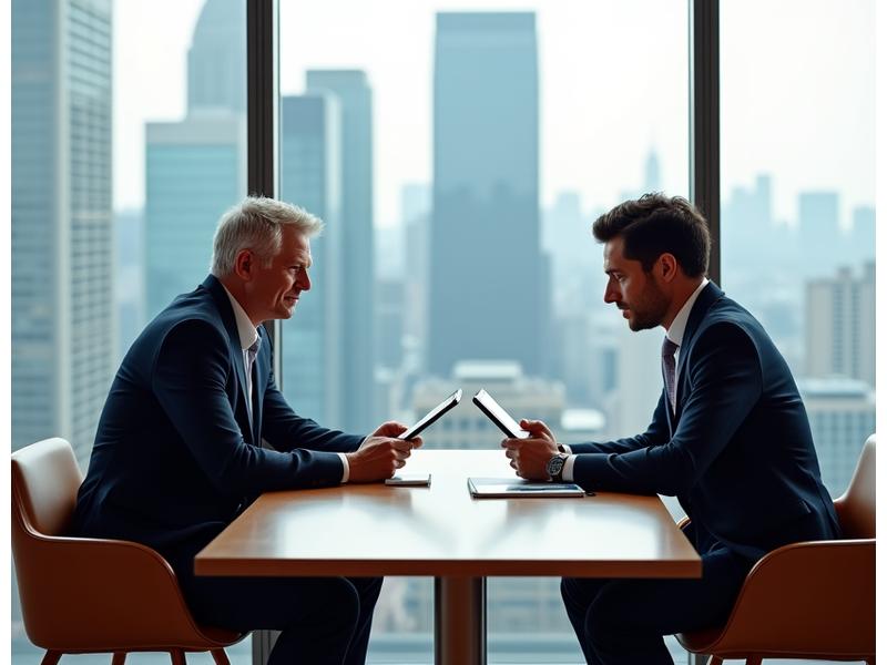 Two discerning individuals, a wealthy collector and a financial advisor, discussing investments in a modern, sophisticated office setting