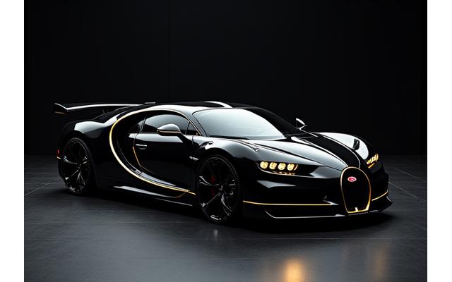 Sleek, futuristic black modern hypercar with intricate aerodynamic details against a dark, dramatic background
