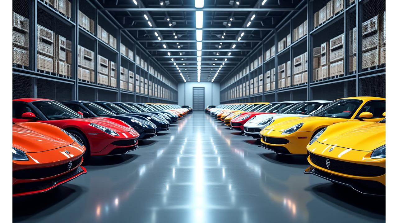 Rows of meticulously maintained luxury and classic cars stored in a highly polished, climate-controlled facility