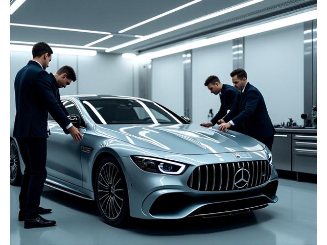 Technicians performing bespoke maintenance on a luxury vehicle in a clean, high-tech garage