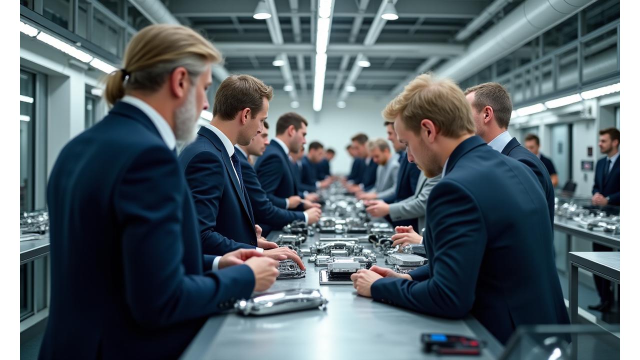 Discerning clients touring a pristine luxury car manufacturing facility