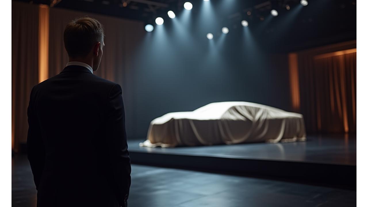 VIP guest at a private, exclusive luxury car launch event, with a covered car on stage