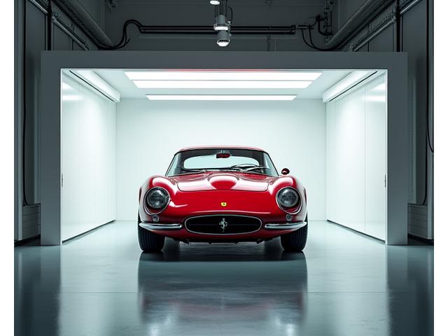 Luxury car securely stored in a state-of-the-art, climate-controlled facility