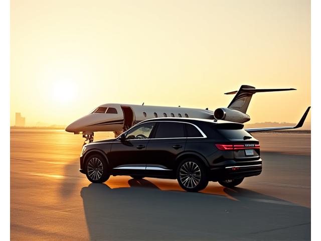 Luxury SUV parked in front of a private jet, symbolizing travel coordination