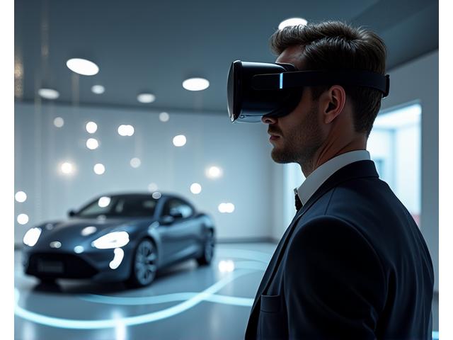 A person wearing a sleek VR headset engaging with a virtual luxury car inside a modern, futuristic environment.