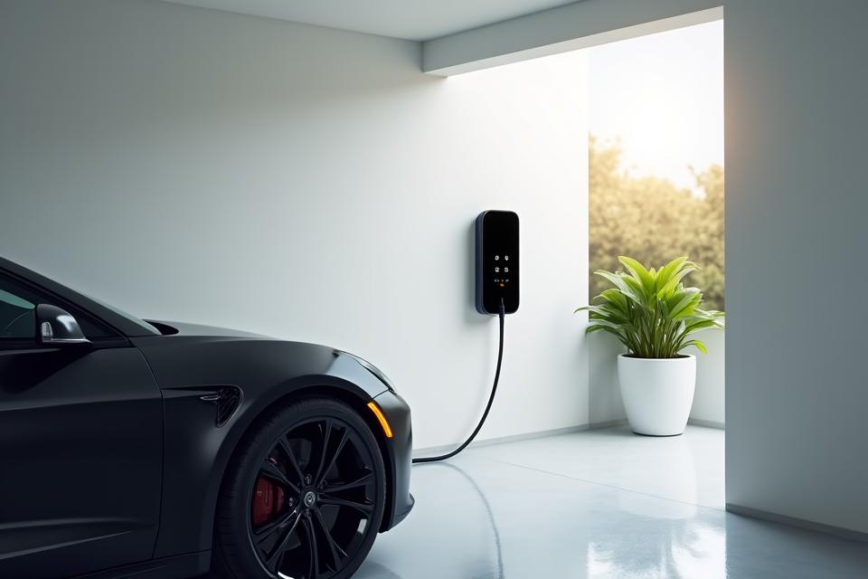 Sleek, wall-mounted home EV charging station installed in a modern, minimalist garage next to a luxury electric car