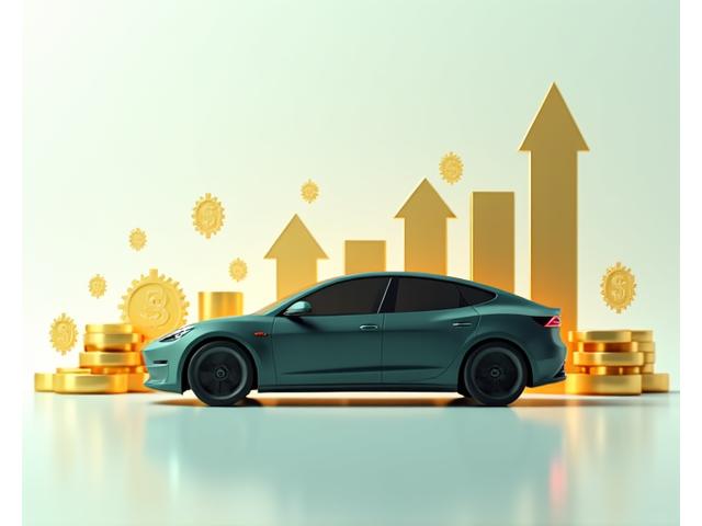 Illustration of a luxury electric car benefiting from tax incentives, represented by a graph and currency symbols