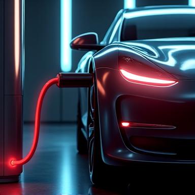 High-speed electric vehicle charging station with a futuristic car connected, dark background for dramatic effect