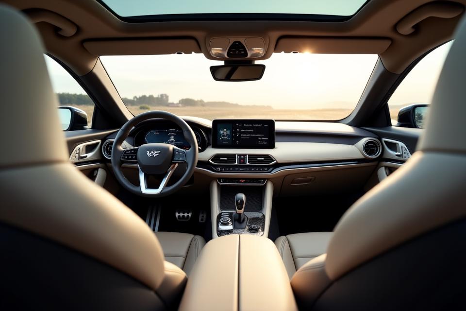 Exquisite luxury car interior featuring sustainable, ethically sourced materials like vegan leather and recycled carbon fiber, bathed in natural light.