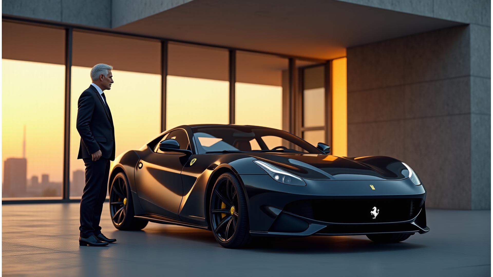 Wealthy professional beside a sleek, black luxury sports car with modern minimalist glass architecture in the background