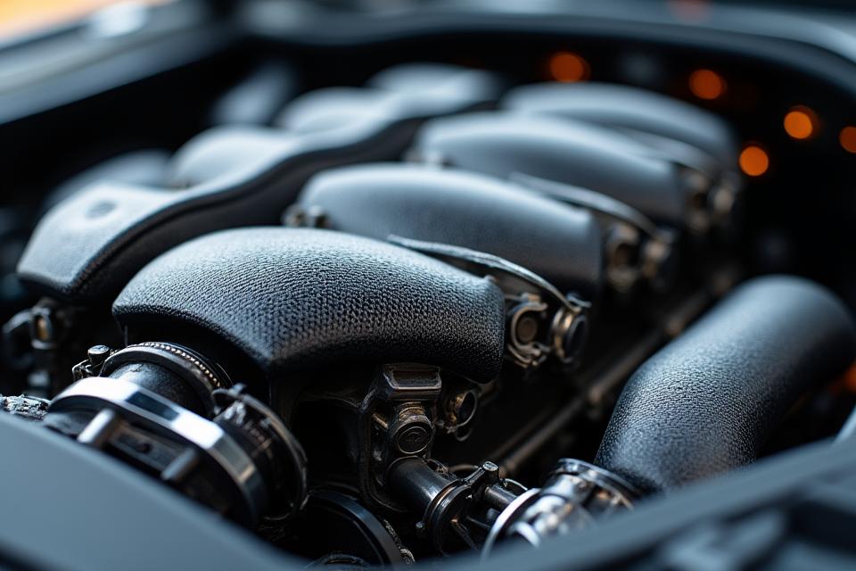 Detailed shot of a high-performance luxury car engine with carbon fiber components