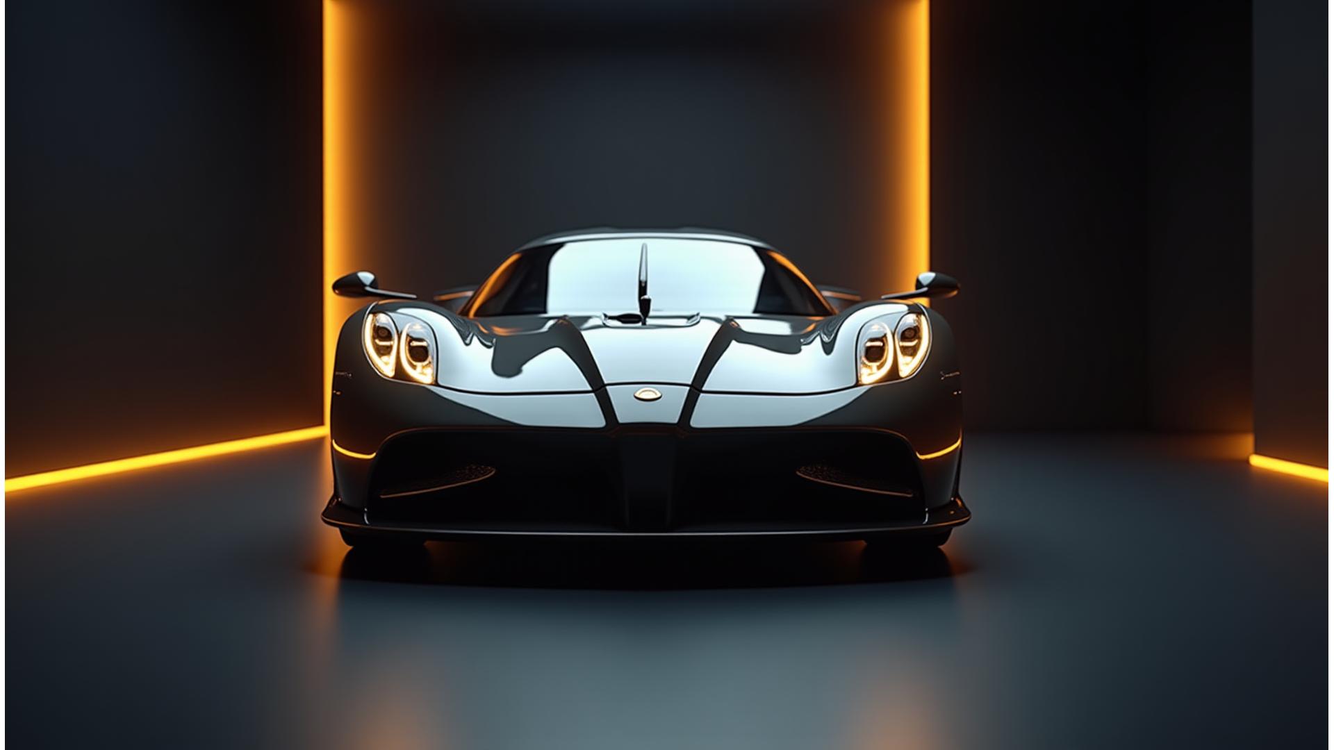 Sleek, limited-edition hypercar in a dimly lit, futuristic showroom