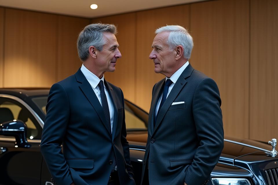 Automotive specialist consulting with a client next to a luxury car