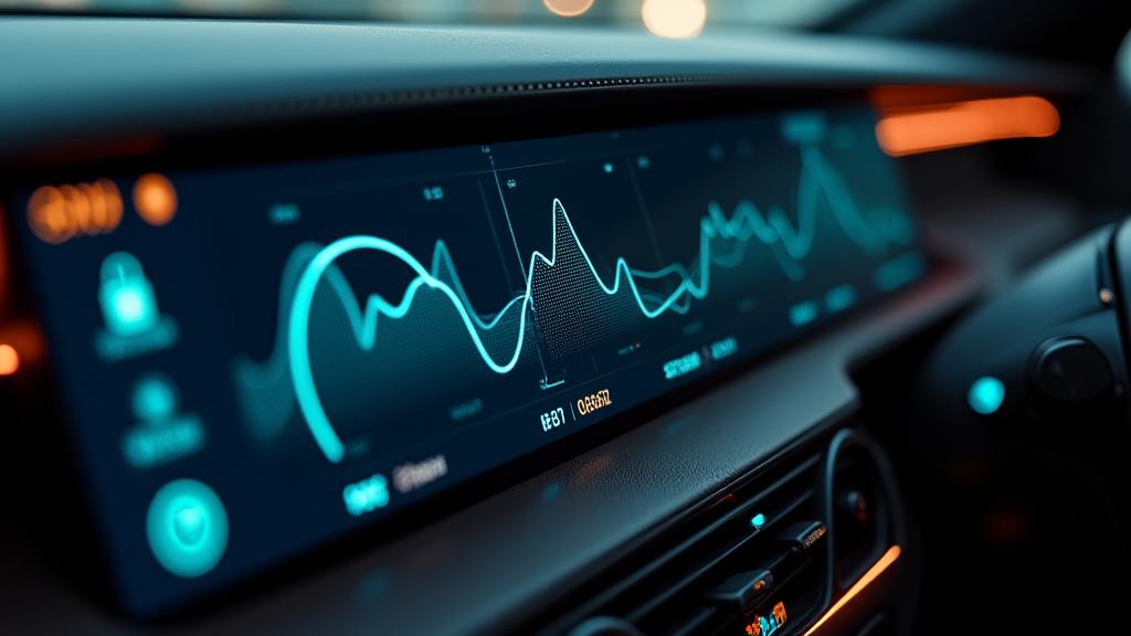 Close-up on a luxury car dashboard display, showing digital graphs and secure symbols, indicating data collection and analysis