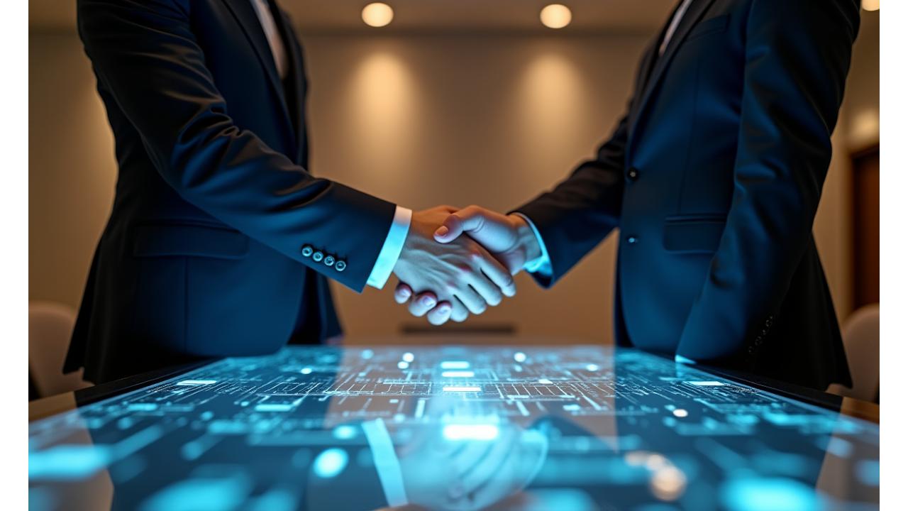 Two professionals shaking hands over a secure digital tablet, symbolizing a secure and ethical data sharing agreement