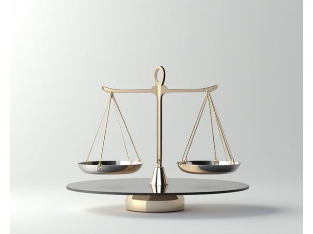 Abstract depiction of balanced scales of justice with sleek, metallic lines, representing fair and precise dispute resolution for luxury clientele.