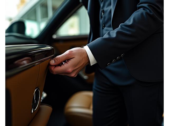 Sophisticated man in a tailored suit inspecting a luxury car interior, emphasizing exclusivity and attention to detail.