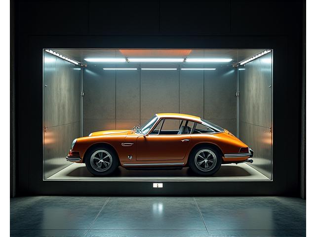 A secure, transparent vault protecting a valuable classic car, illustrating strong protective measures and liability terms.